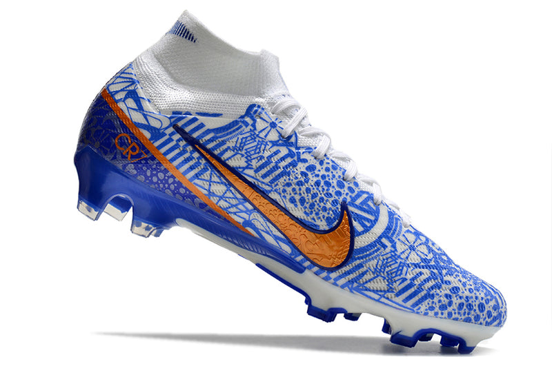 CHUTEIRA NIKE AIR ZOOM MERCURIAL SUPERFLY 9 ELITE CAMPO "CR7" - BRANCA E AZUL
