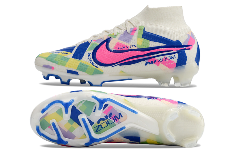 CHUTEIRA NIKE AIR ZOOM MERCURIAL SUPERFLY 9 ELITE CAMPO "SOCAL" - BRANCA E COLORIDA