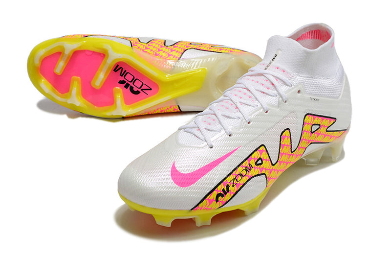 CHUTEIRA NIKE AIR ZOOM MERCURIAL SUPERFLY 9 ELITE CAMPO - BRANCA E AMARELA