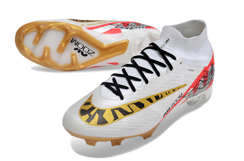 CHUTEIRA NIKE AIR ZOOM MERCURIAL SUPERFLY 9 ELITE CAMPO - BRANCA E DOURADA