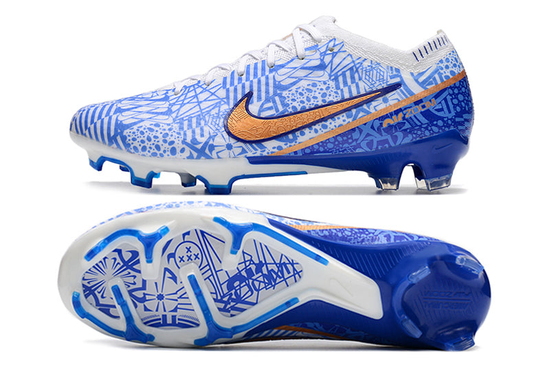 CHUTEIRA NIKE AIR ZOOM MERCURIAL VAPOR 15 ELITE CAMPO "CR7" - BRANCA E AZUL