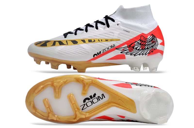 CHUTEIRA NIKE AIR ZOOM MERCURIAL SUPERFLY 9 ELITE CAMPO - BRANCA E DOURADA