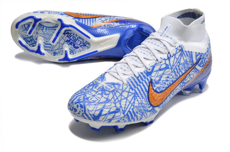 CHUTEIRA NIKE AIR ZOOM MERCURIAL SUPERFLY 9 ELITE CAMPO "CR7" - BRANCA E AZUL