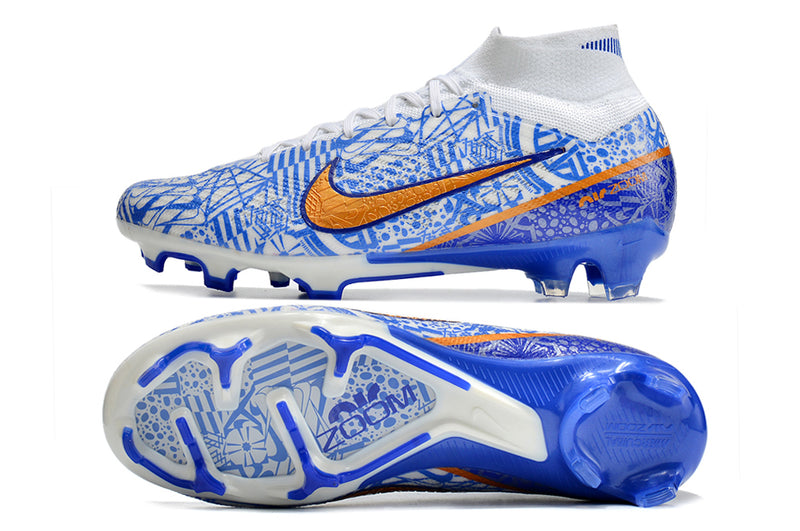 CHUTEIRA NIKE AIR ZOOM MERCURIAL SUPERFLY 9 ELITE CAMPO "CR7" - BRANCA E AZUL