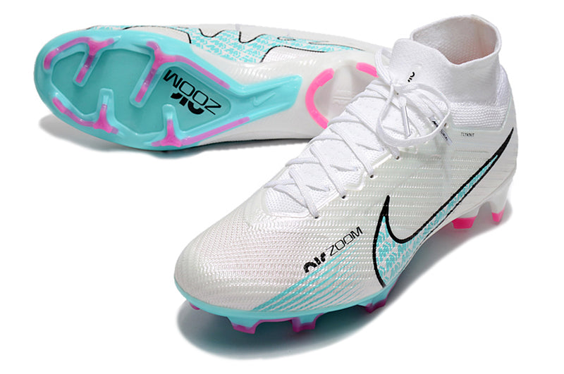 CHUTEIRA NIKE AIR ZOOM MERCURIAL SUPERFLY 9 ELITE CAMPO - BRANCA E CIANO