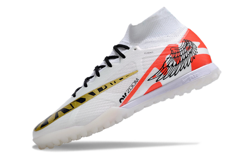 CHUTEIRA NIKE MERCURIAL AIR ZOOM SUPERFLY 9 ELITE SOCIETY - BRANCA E LARANJA