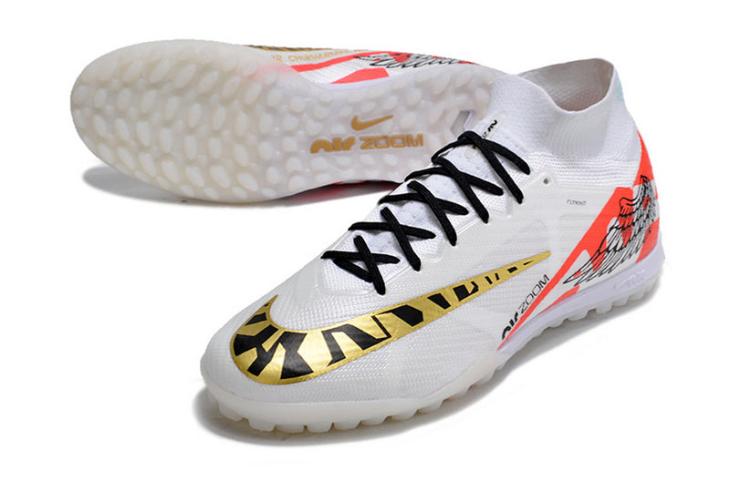 CHUTEIRA NIKE MERCURIAL AIR ZOOM SUPERFLY 9 ELITE SOCIETY - BRANCA E LARANJA