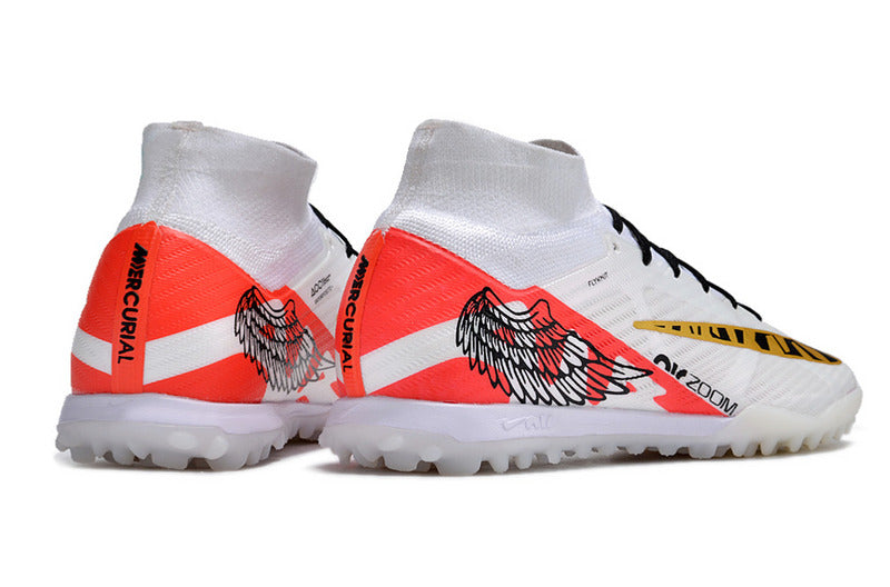 CHUTEIRA NIKE MERCURIAL AIR ZOOM SUPERFLY 9 ELITE SOCIETY - BRANCA E LARANJA