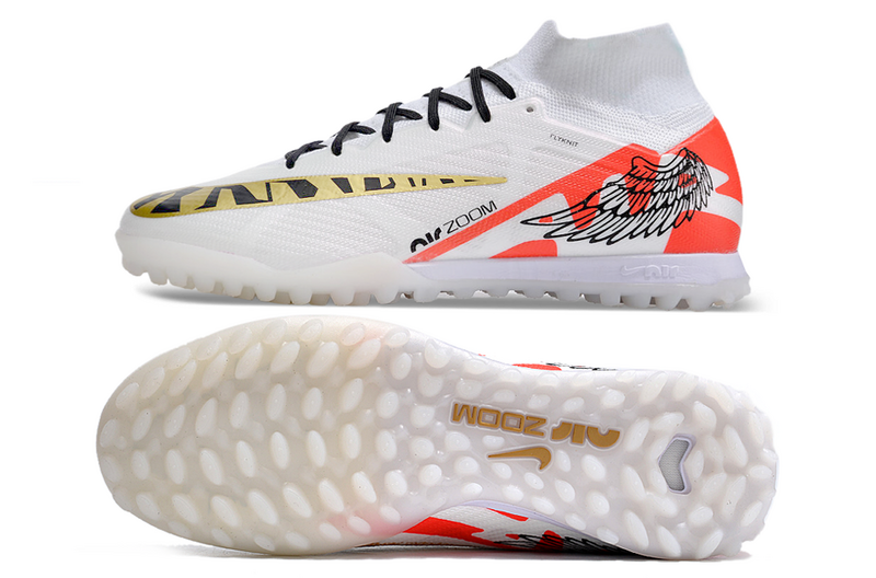 CHUTEIRA NIKE MERCURIAL AIR ZOOM SUPERFLY 9 ELITE SOCIETY - BRANCA E LARANJA