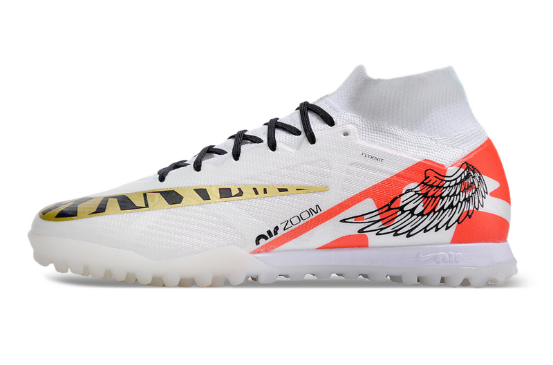 CHUTEIRA NIKE MERCURIAL AIR ZOOM SUPERFLY 9 ELITE SOCIETY - BRANCA E LARANJA
