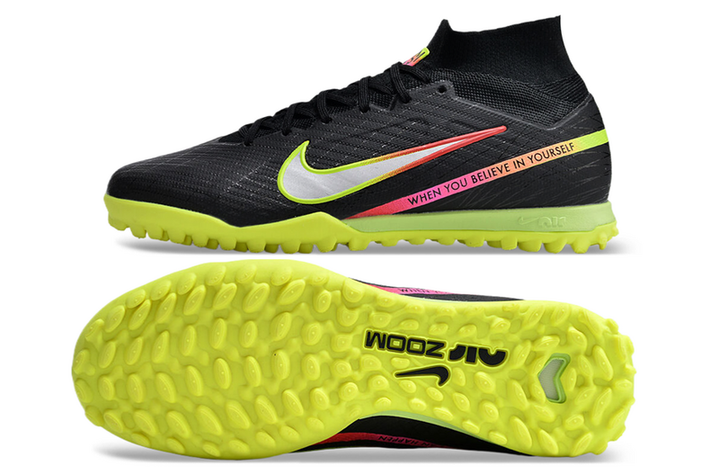 CHUTEIRA NIKE MERCURIAL AIR ZOOM SUPERFLY 9 ELITE SOCIETY - PRETA E VERDE