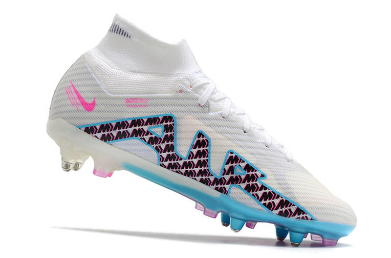 CHUTEIRA NIKE AIR ZOOM MERCURIAL SUPERFLY 9 ELITE TRAVA MISTA FIXA "BLAST" - BRANCA E AZUL