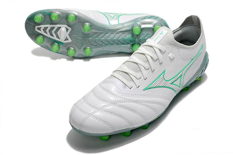 CHUTEIRA MIZUNO MORELIA NEO III JAPAN CAMPO - BRANCA E VERDE