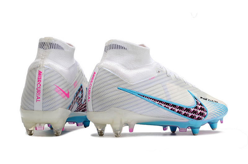 CHUTEIRA NIKE AIR ZOOM MERCURIAL SUPERFLY 9 ELITE TRAVA MISTA FIXA "BLAST" - BRANCA E AZUL