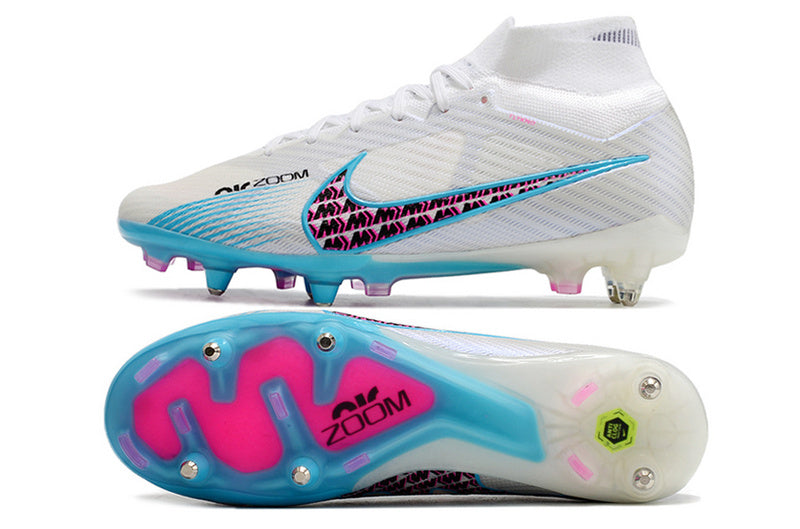 CHUTEIRA NIKE AIR ZOOM MERCURIAL SUPERFLY 9 ELITE TRAVA MISTA FIXA "BLAST" - BRANCA E AZUL