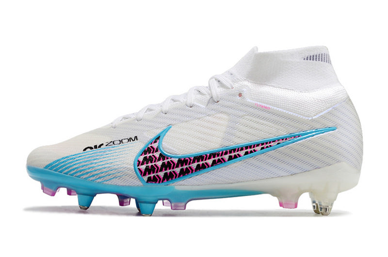 CHUTEIRA NIKE AIR ZOOM MERCURIAL SUPERFLY 9 ELITE TRAVA MISTA FIXA "BLAST" - BRANCA E AZUL
