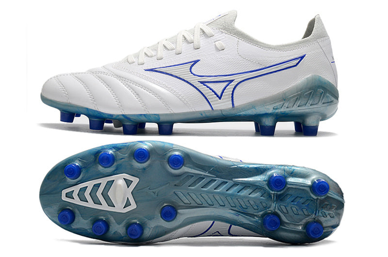 CHUTEIRA MIZUNO MORELIA NEO III JAPAN CAMPO - BRANCA E AZUL