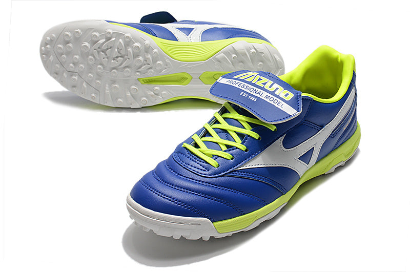 CHUTEIRA MIZUNO MORELIA II SOCIETY - AZUL, BRANCA E AMARELA