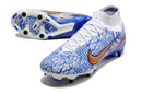 CHUTEIRA NIKE AIR ZOOM MERCURIAL SUPERFLY 9 ELITE TRAVA MISTA "CR7" - BRANCA E AZUL