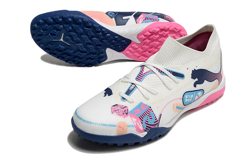 CHUTEIRA PUMA FUTURE 7 ULTIMATE SOCIETY "VOLUME UP"- BRANCA, AZUL E ROSA