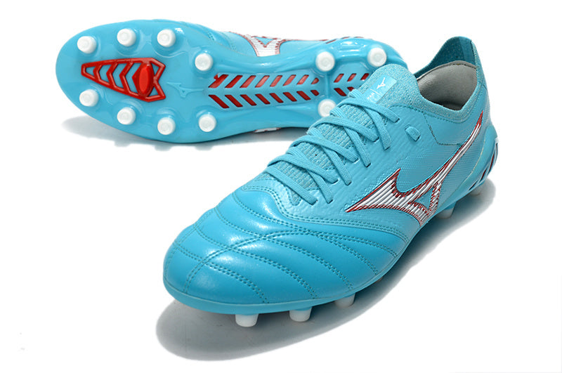 CHUTEIRA MIZUNO MORELIA NEO III JAPAN CAMPO - AZUL E BRANCA
