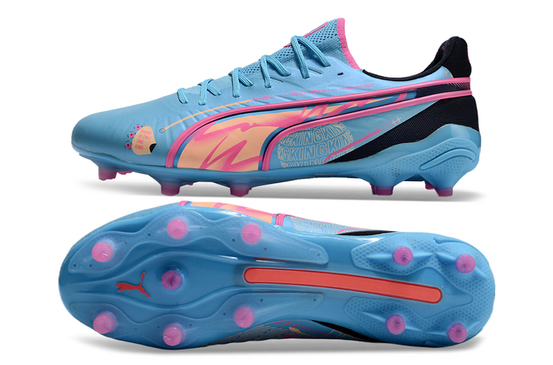 CHUTEIRA PUMA KING FG/AG CAMPO - AZUL E ROSA