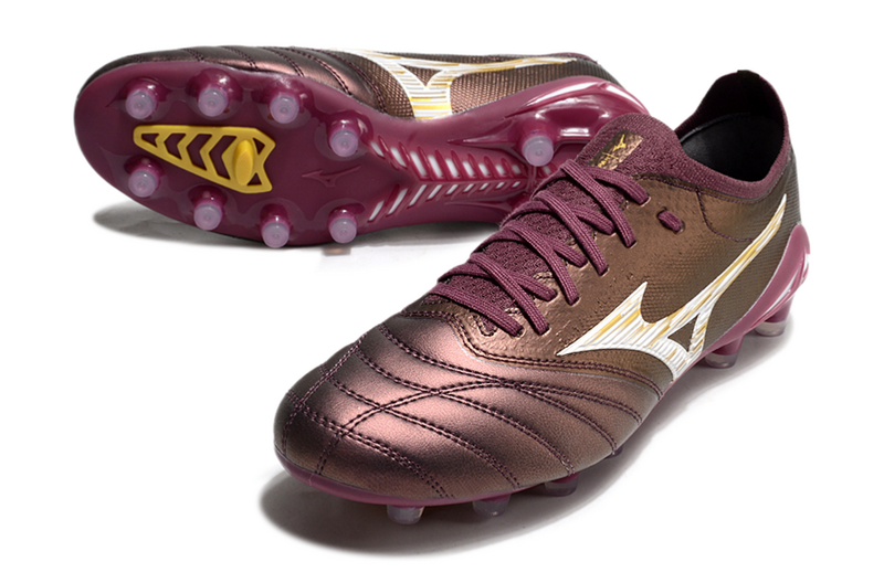 CHUTEIRA MIZUNO MORELIA NEO IV JAPAN CAMPO - MARROM E ROXO