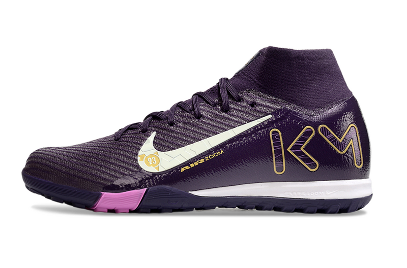 CHUTEIRA NIKE MERCURIAL AIR ZOOM SUPERFLY 10 ELITE SOCIETY "KYLIAN MBAPPÉ" ROXA E AMARELA