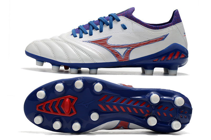 CHUTEIRA MIZUNO MORELIA NEO III JAPAN CAMPO - BRANCA E AZUL