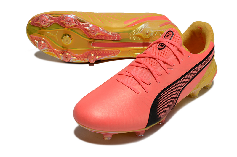 CHUTEIRA PUMA KING FG/AG CAMPO "TRICKS" LARANJA E AMARELA