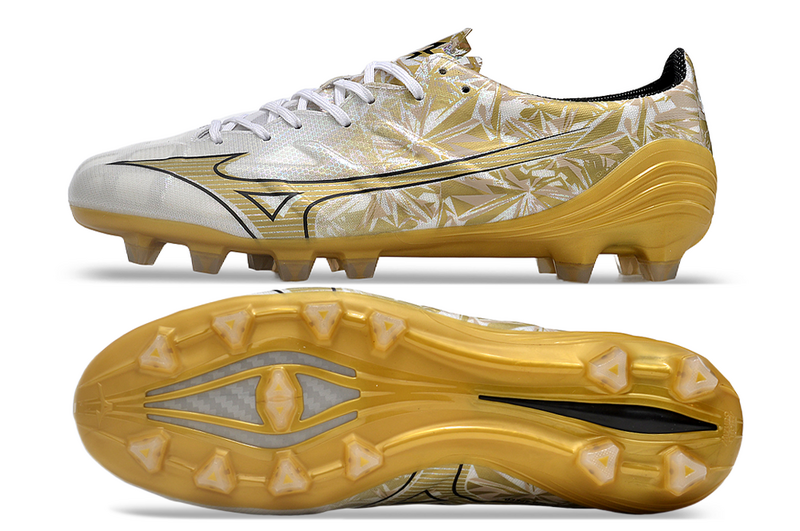 CHUTEIRA MIZUNO ALPHA JAPAN CAMPO "SÉRGIO RAMOS" - DOURADA E BRANCA