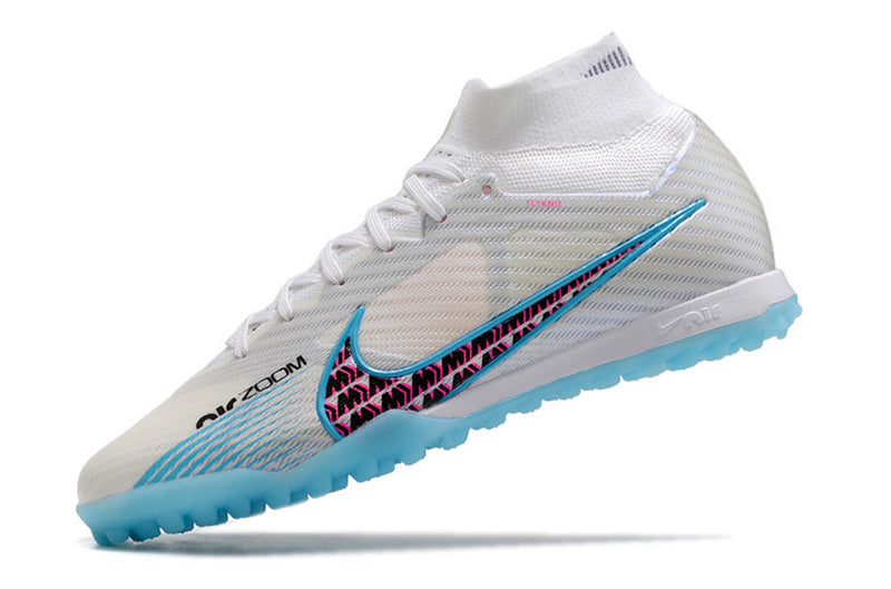 CHUTEIRA NIKE MERCURIAL AIR ZOOM SUPERFLY 9 ELITE SOCIETY "BLAST" - BRANCA E AZUL