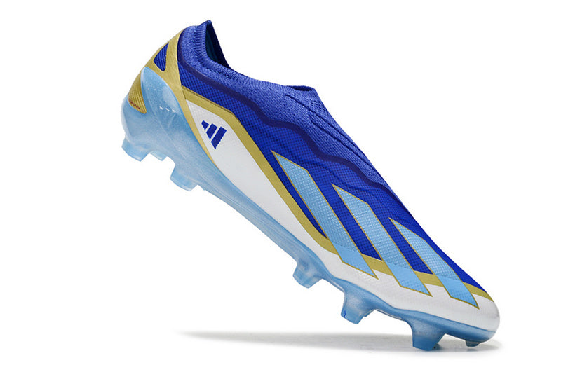 CHUTEIRA ADIDAS X CRAZYFAST LACELESS CAMPO "SPARK GEN10S" - BRANCA E AZUL