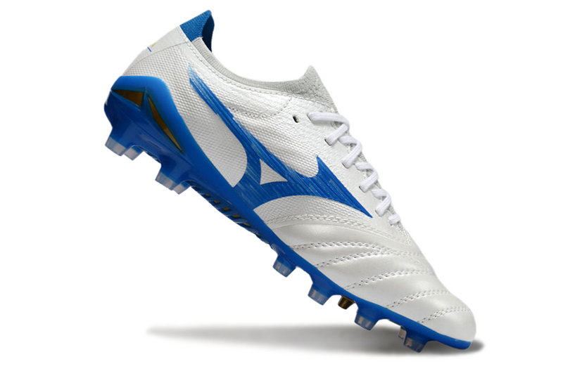 CHUTEIRA MIZUNO MORELIA NEO IV JAPAN CAMPO - BRANCA E AZUL