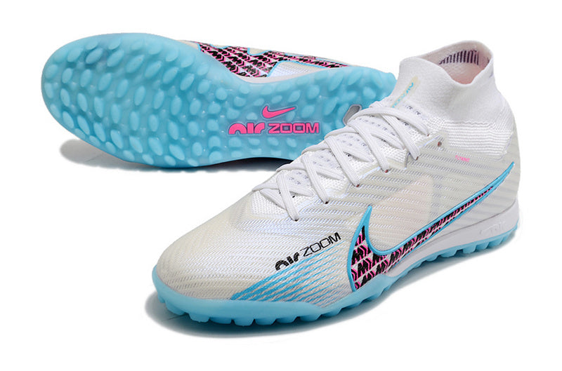 CHUTEIRA NIKE MERCURIAL AIR ZOOM SUPERFLY 9 ELITE SOCIETY "BLAST" - BRANCA E AZUL