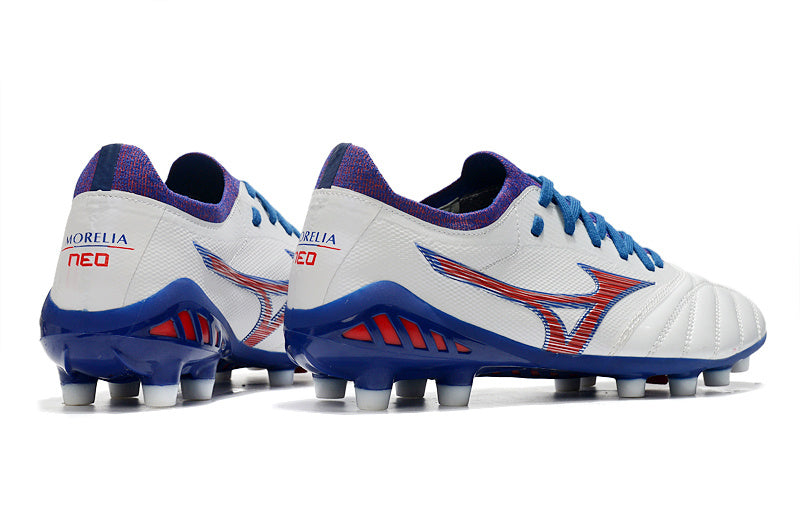 CHUTEIRA MIZUNO MORELIA NEO III JAPAN CAMPO - BRANCA E AZUL