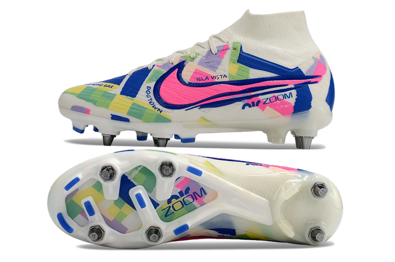 CHUTEIRA NIKE AIR ZOOM MERCURIAL SUPERFLY 9 ELITE TRAVA MISTA "SOCAL" - BRANCA E COLORIDA