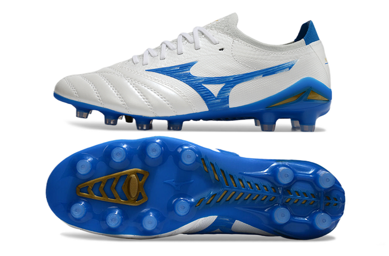 CHUTEIRA MIZUNO MORELIA NEO IV JAPAN CAMPO - BRANCA E AZUL
