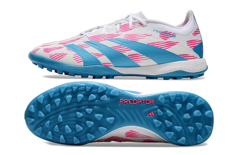 CHUTEIRA ADIDAS PREDATOR 24 ELITE SOCIETY "REEMERGENCE" - BRANCA, AZUL E ROSA