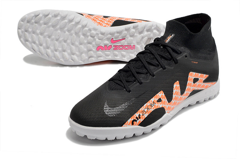 CHUTEIRA NIKE MERCURIAL AIR ZOOM SUPERFLY 9 ELITE SOCIETY - PRETA E LARANJA