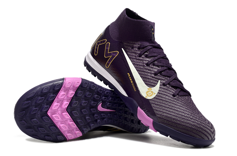 CHUTEIRA NIKE MERCURIAL AIR ZOOM SUPERFLY 10 ELITE SOCIETY "KYLIAN MBAPPÉ" ROXA E AMARELA