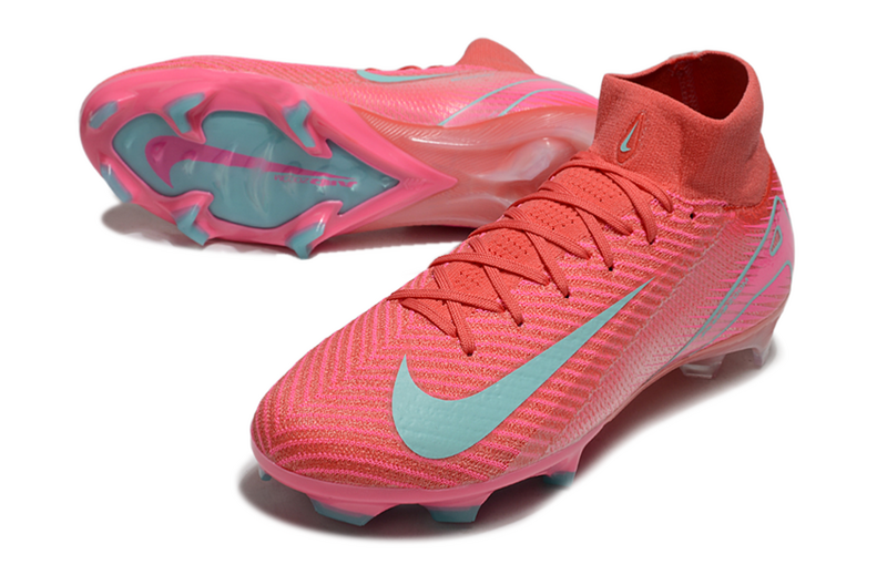 CHUTEIRA NIKE AIR ZOOM MERCURIAL SUPERFLY 10 ELITE CAMPO "MAD ENERGY" - VERMELHA E CIANO