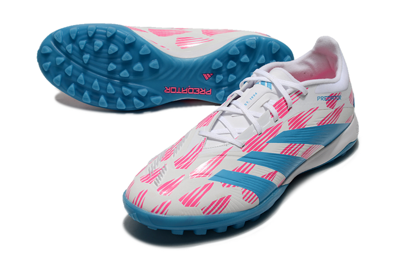 CHUTEIRA ADIDAS PREDATOR 24 ELITE SOCIETY "REEMERGENCE" - BRANCA, AZUL E ROSA