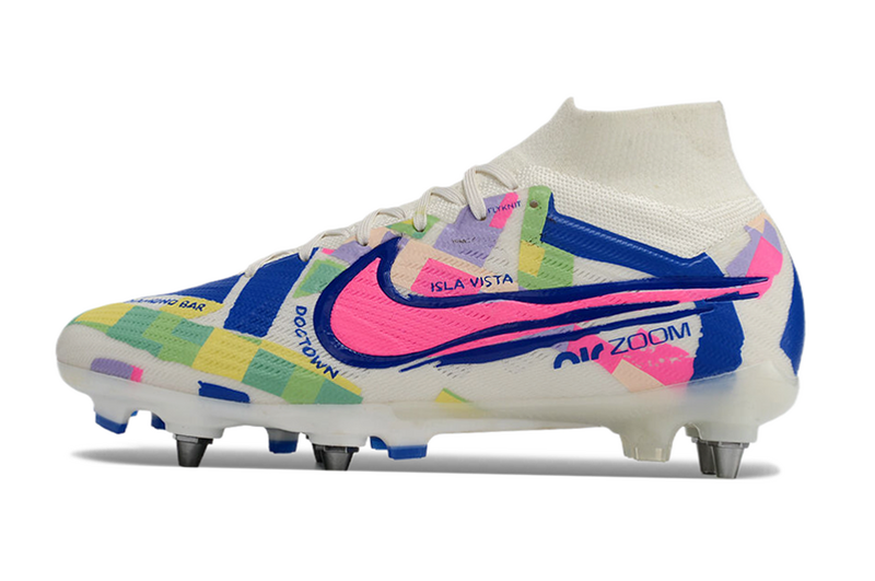 CHUTEIRA NIKE AIR ZOOM MERCURIAL SUPERFLY 9 ELITE TRAVA MISTA "SOCAL" - BRANCA E COLORIDA