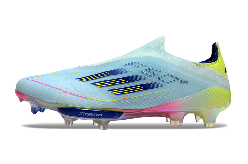 CHUTEIRA ADIDAS F50 LACELESS LIGHTSTRIKE PRO ELITE CAMPO - "MIAMI VICE" – AZUL E COLORIDA