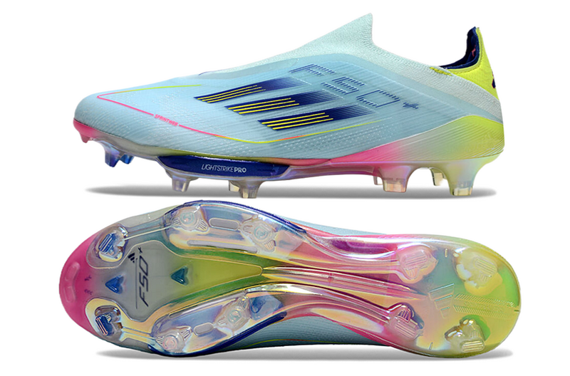 CHUTEIRA ADIDAS F50 LACELESS LIGHTSTRIKE PRO ELITE CAMPO - "MIAMI VICE" – AZUL E COLORIDA