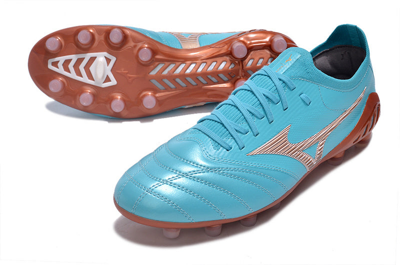 CHUTEIRA MIZUNO MORELIA NEO III JAPAN CAMPO - AZUL E LARANJA
