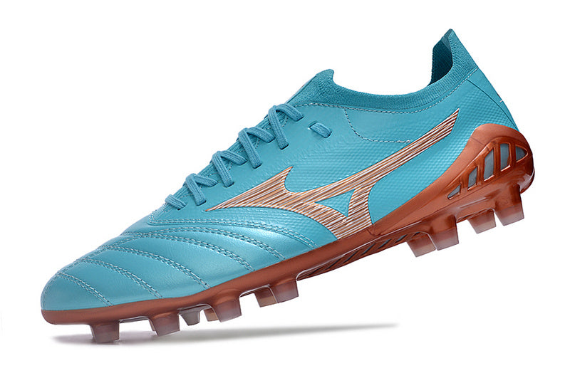 CHUTEIRA MIZUNO MORELIA NEO III JAPAN CAMPO - AZUL E LARANJA