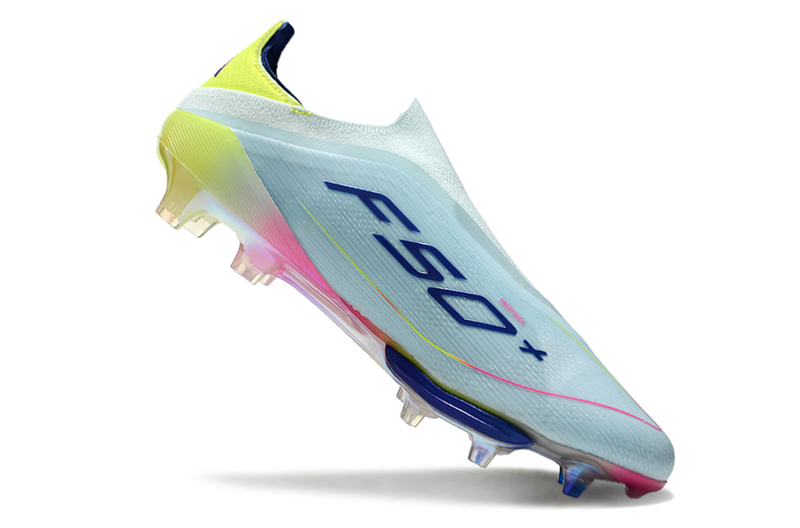 CHUTEIRA ADIDAS F50 LACELESS LIGHTSTRIKE PRO ELITE CAMPO - "MIAMI VICE" – AZUL E COLORIDA