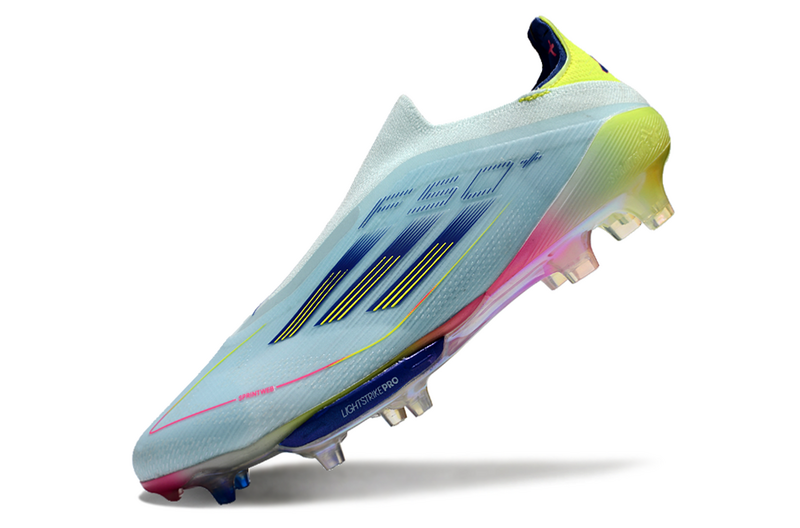 CHUTEIRA ADIDAS F50 LACELESS LIGHTSTRIKE PRO ELITE CAMPO - "MIAMI VICE" – AZUL E COLORIDA